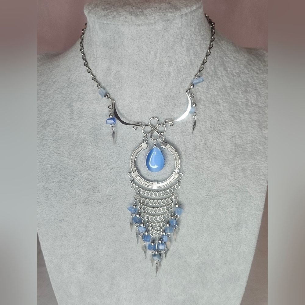 Vintage Alpaca Silver Peruvian Handmade Wire Work Necklace Blue Cat Eye NWT 16"